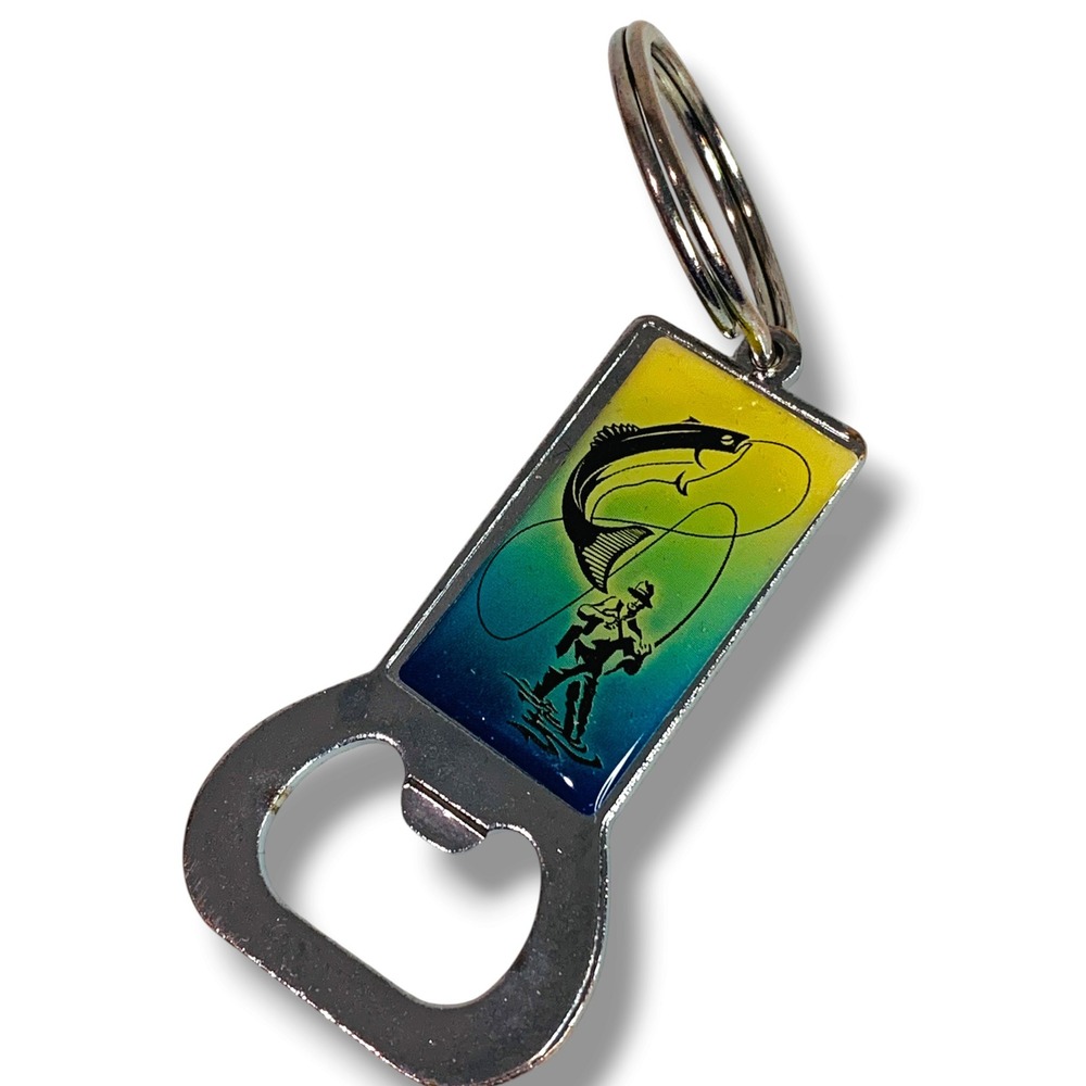 Keychain Bottle Opener Fly Fisherman Key Ring Blue Yellow Silvertone